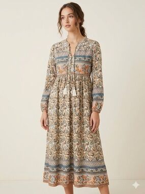 Boho Midi Dress in Beige and Blue Floral